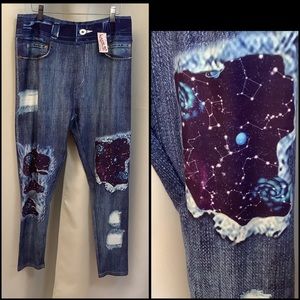Luv21 Jeggings Women’s 12-20 Yoga Waistband Cosmic Distressed Denim Pattern